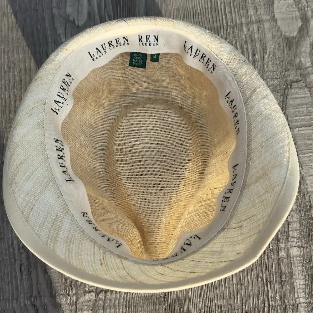 Ralph Lauren Women's Straw Fedora Hat Medium Ivory w/ Navy Grosgrain Band